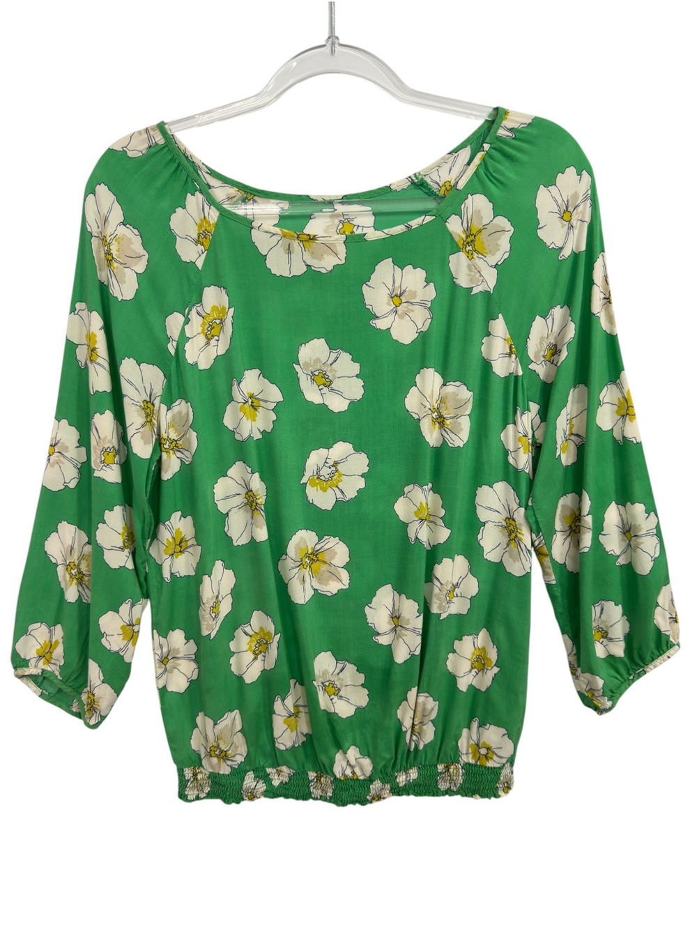 Y2K Pure Rayon Chambray Knit Floral Daisy Hibiscus Flowers Smocked Blouse Top